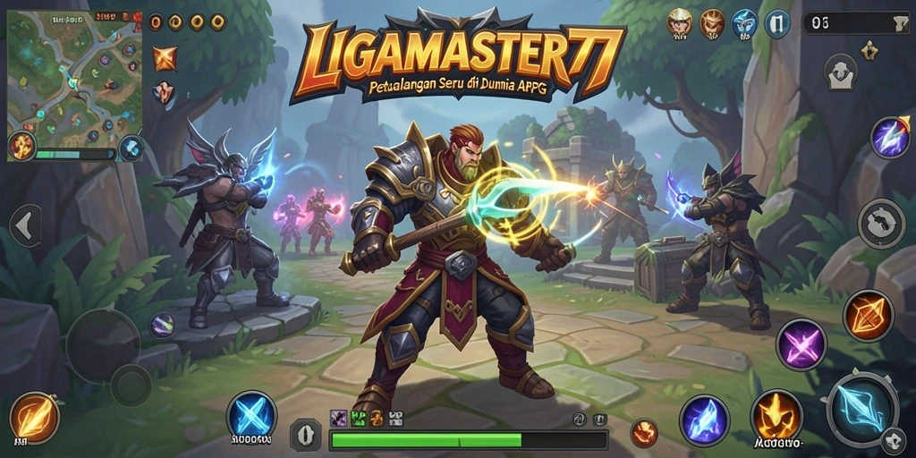 Screenshot utama LIGAMASTER77 menampilkan karakter bertarung melawan monster di dungeon.