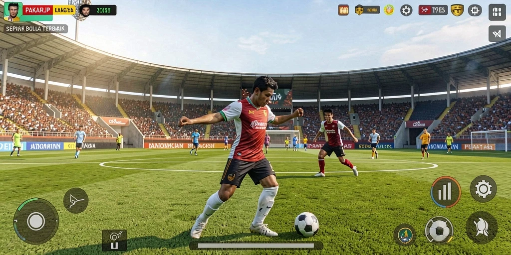 Tangkapan layar utama PAKARJP menampilkan aksi pertandingan sepak bola yang intens.