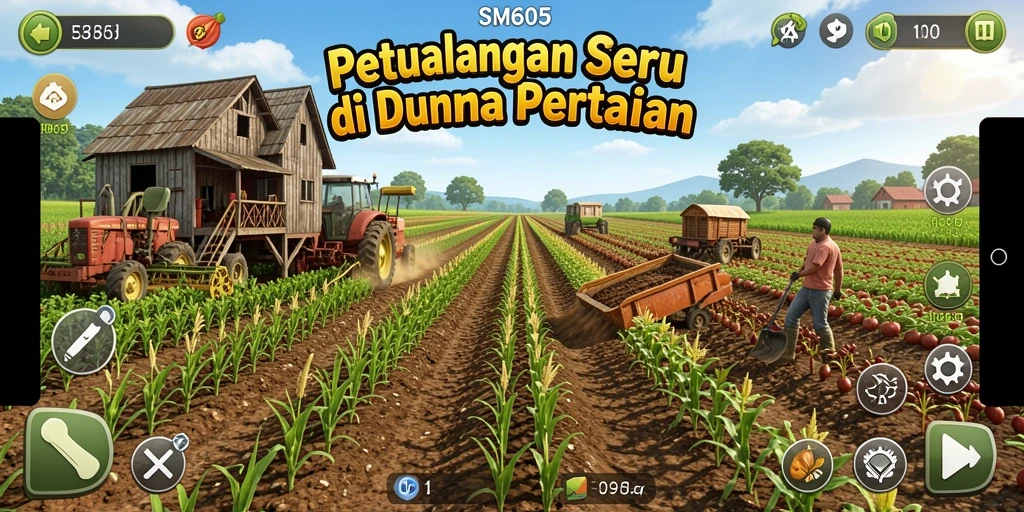 Screenshot menunjukkan pemain merawat tanaman dan hewan di SM605.